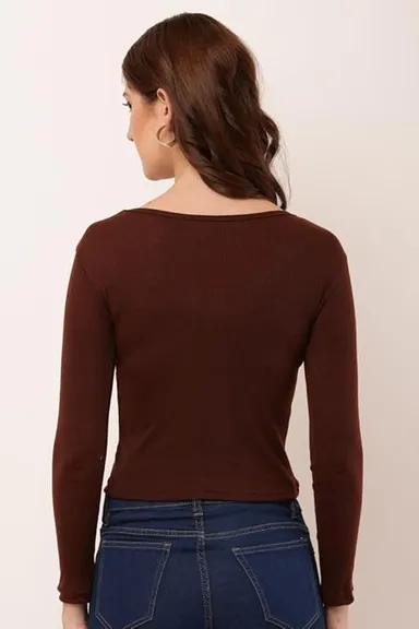 Women's rib‑knit V‑neck long sleeve top black slim fit layering thumbnail 1