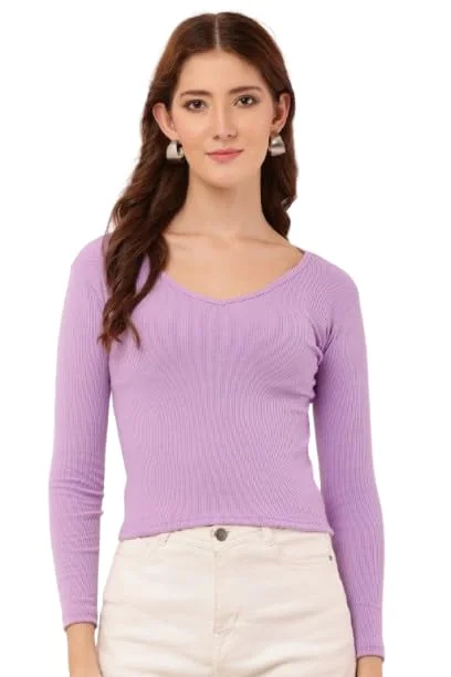 Women's rib‑knit V‑neck long sleeve top black slim fit layering image 1