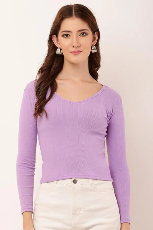 Women's rib‑knit V‑neck long sleeve top black slim fit layering image 2