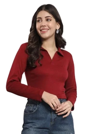 collared V‑neck full sleeve rib knit top maroon large, women casual fashion image 1