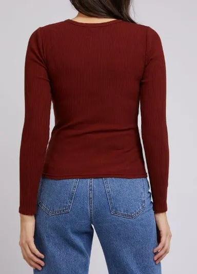Women's rib‑knit V‑neck long sleeve top black slim fit layering thumbnail 1