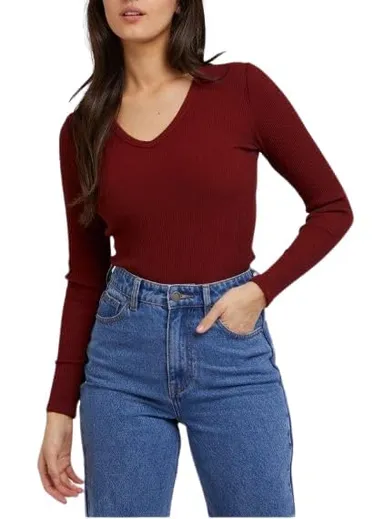 Women's rib‑knit V‑neck long sleeve top black slim fit layering thumbnail 2