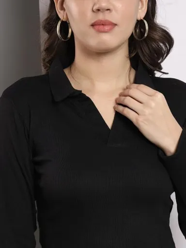 Fashion Collared V‑Neck | Rib Knit Top Full Sleeve | Casual Comfort Black | Everyday Stylish Wear thumbnail 0