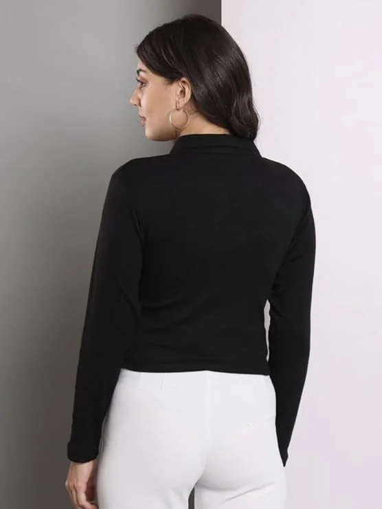 Fashion Collared V‑Neck | Rib Knit Top Full Sleeve | Casual Comfort Black | Everyday Stylish Wear image 3