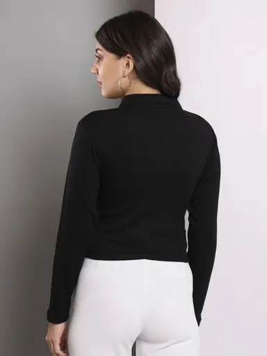 Fashion Collared V‑Neck | Rib Knit Top Full Sleeve | Casual Comfort Black | Everyday Stylish Wear thumbnail 2
