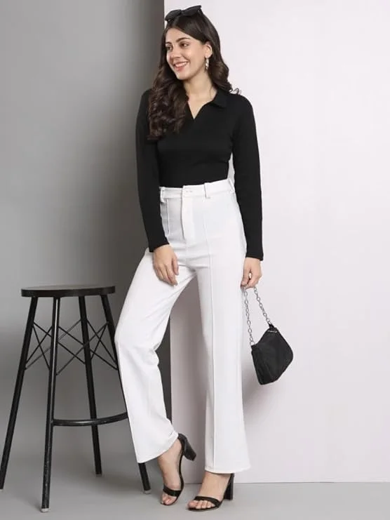 Fashion Collared V‑Neck | Rib Knit Top Full Sleeve | Casual Comfort Black | Everyday Stylish Wear image 4