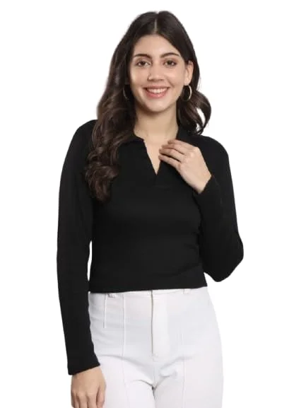 Fashion Collared V‑Neck | Rib Knit Top Full Sleeve | Casual Comfort Black | Everyday Stylish Wear image 5