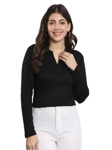 Fashion Collared V‑Neck | Rib Knit Top Full Sleeve | Casual Comfort Black | Everyday Stylish Wear thumbnail 4