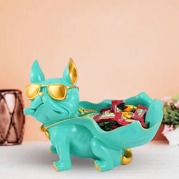 Fronkee French Bulldog Candy Holder | Mint Green Resin Figurine for Home Decor | Dog Statue Bowl 6 Inch | Decorative Animal Tray for Living Room| Desk, Office image 1