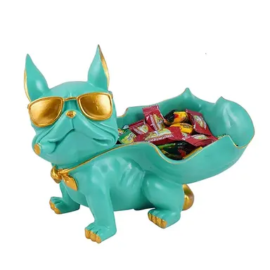 Fronkee French Bulldog Candy Holder | Mint Green Resin Figurine for Home Decor | Dog Statue Bowl 6 Inch | Decorative Animal Tray for Living Room| Desk, Office thumbnail 1