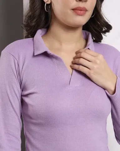 Fashion Collared V‑Neck | Rib Knit Top Full Sleeve | Casual Comfort Lavender  Everyday Stylish Wear thumbnail 1