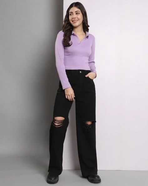Fashion Collared V‑Neck | Rib Knit Top Full Sleeve | Casual Comfort Lavender Everyday Stylish Wear image 3