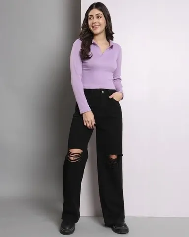 Fashion Collared V‑Neck | Rib Knit Top Full Sleeve | Casual Comfort Lavender  Everyday Stylish Wear thumbnail 2