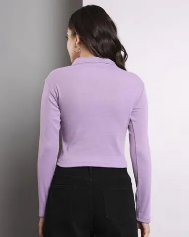 Fashion Collared V‑Neck | Rib Knit Top Full Sleeve | Casual Comfort Lavender  Everyday Stylish Wear thumbnail 3
