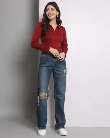  Fashion Collared V‑Neck | Rib Knit Top Full Sleeve | Casual Comfort Maroon | Everyday Stylish Wear thumbnail 1