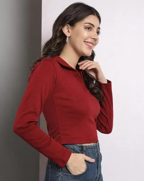 Fashion Collared V‑Neck | Rib Knit Top Full Sleeve | Casual Comfort Maroon | Everyday Stylish Wear image 3