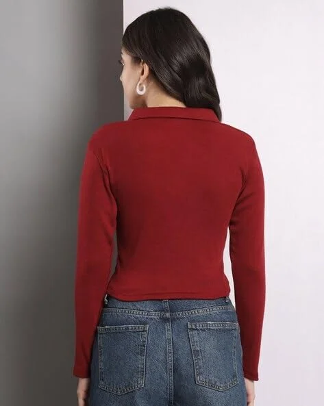 Fashion Collared V‑Neck | Rib Knit Top Full Sleeve | Casual Comfort Maroon | Everyday Stylish Wear image 4