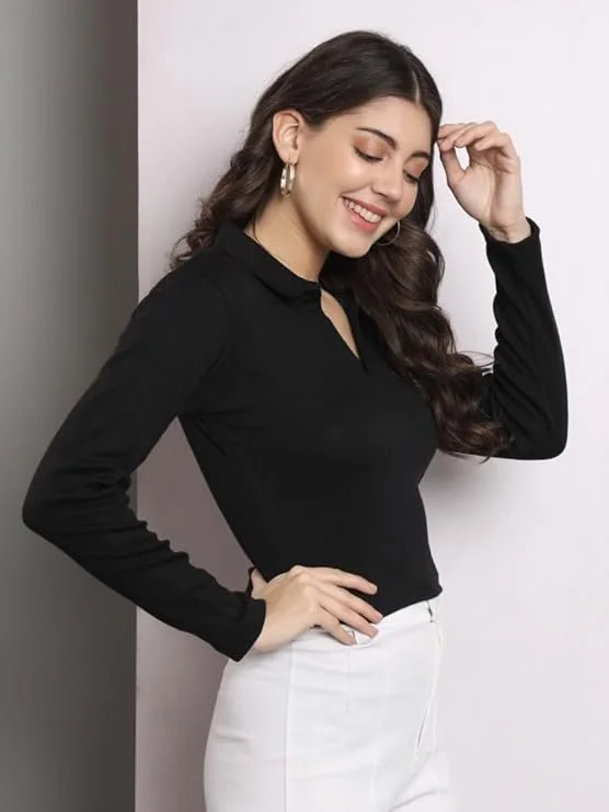 collared V‑neck full sleeve | rib knit top black | women casual fashion image 1