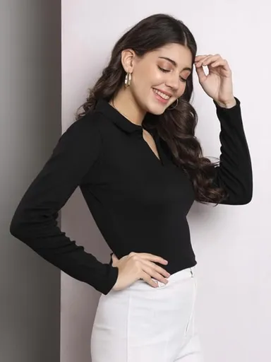  collared V‑neck full sleeve | rib knit top black | women casual fashion thumbnail 0