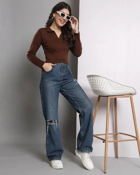 collared V‑neck full sleeve|rib knit top brown|women casual fashion image 1