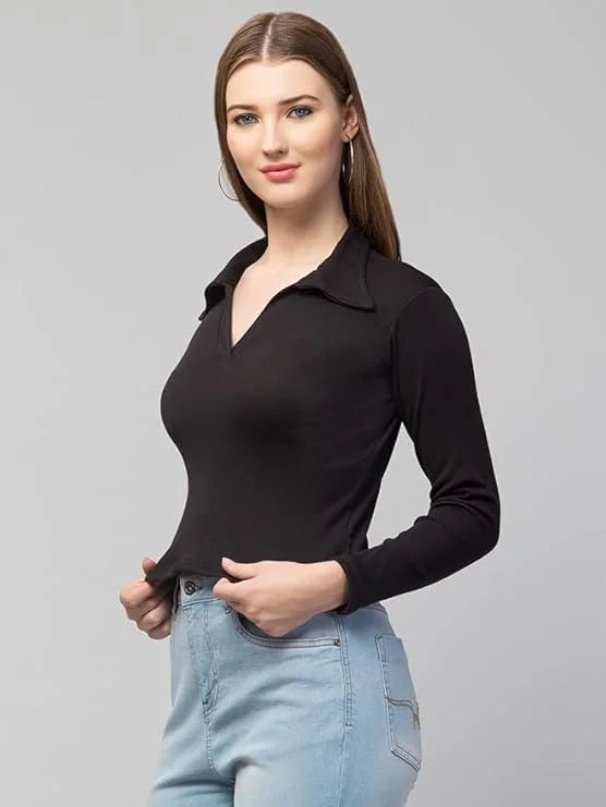 Women’s Long Sleeve Slim Fit Polo T-Shirt, Collared Neck Ribbed Asymmetric Solid V-Neck Casual Top, Stylish | Trendy Tee for Women, Girls, and Ladies | Available in Multiple Colors image 1