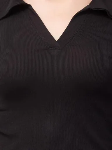 Women’s Long Sleeve Slim Fit Polo T-Shirt, Collared Neck Ribbed Asymmetric Solid V-Neck Casual Top, Stylish | Trendy Tee for Women, Girls, and Ladies |  Available in Multiple Colors thumbnail 1