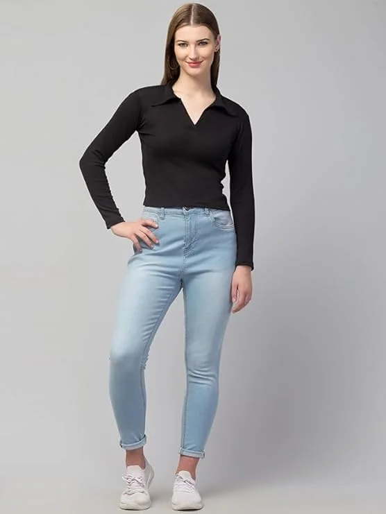 Women’s Long Sleeve Slim Fit Polo T-Shirt, Collared Neck Ribbed Asymmetric Solid V-Neck Casual Top, Stylish | Trendy Tee for Women, Girls, and Ladies | Available in Multiple Colors image 3
