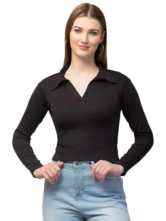 Women’s Long Sleeve Slim Fit Polo T-Shirt, Collared Neck Ribbed Asymmetric Solid V-Neck Casual Top, Stylish | Trendy Tee for Women, Girls, and Ladies | Available in Multiple Colors image 4