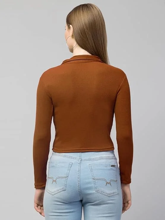 Women’s Long Sleeve Slim Fit Polo T-Shirt, Collared Neck Ribbed Asymmetric Solid V-Neck Casual Top, Stylish | Trendy Tee for Women, Girls, and Ladies | Available in Multiple Colors image 5