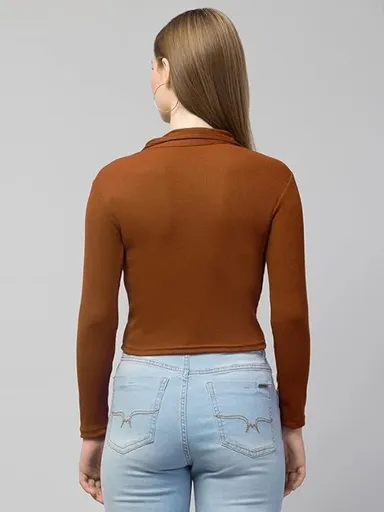 Women’s Long Sleeve Slim Fit Polo T-Shirt, Collared Neck Ribbed Asymmetric Solid V-Neck Casual Top, Stylish | Trendy Tee for Women, Girls, and Ladies |  Available in Multiple Colors thumbnail 4
