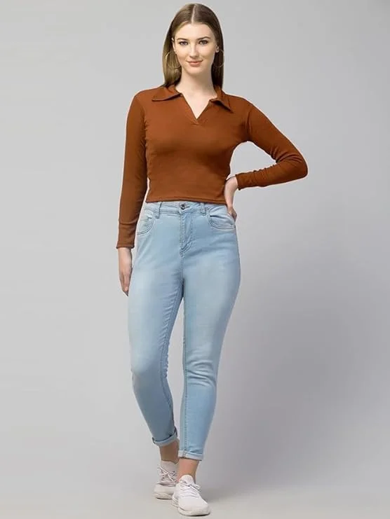 Women’s Long Sleeve Slim Fit Polo T-Shirt, Collared Neck Ribbed Asymmetric Solid V-Neck Casual Top, Stylish | Trendy Tee for Women, Girls, and Ladies | Available in Multiple Colors image 3