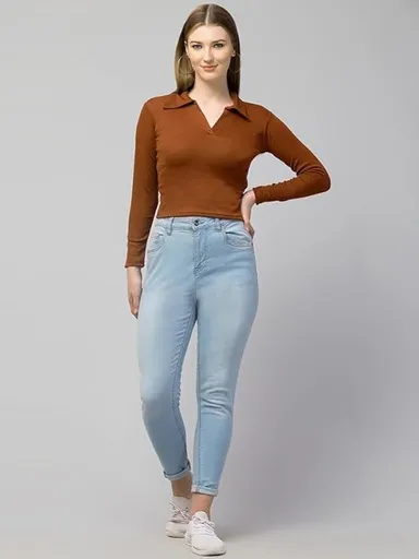 Women’s Long Sleeve Slim Fit Polo T-Shirt, Collared Neck Ribbed Asymmetric Solid V-Neck Casual Top, Stylish | Trendy Tee for Women, Girls, and Ladies |  Available in Multiple Colors thumbnail 2