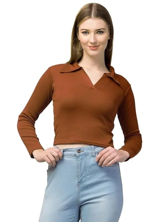 Women’s Long Sleeve Slim Fit Polo T-Shirt, Collared Neck Ribbed Asymmetric Solid V-Neck Casual Top, Stylish | Trendy Tee for Women, Girls, and Ladies | Available in Multiple Colors image 1