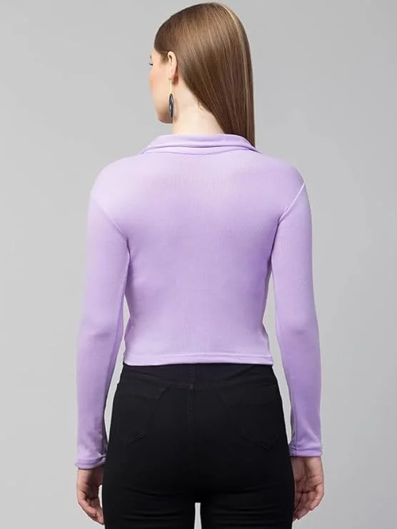 Women’s Long Sleeve Slim Fit Polo T-Shirt, Collared Neck Ribbed Asymmetric Solid V-Neck Casual Top, Stylish | Trendy Tee for Women, Girls, and Ladies | Available in Multiple Colors image 2