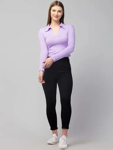 Women’s Long Sleeve Slim Fit Polo T-Shirt, Collared Neck Ribbed Asymmetric Solid V-Neck Casual Top, Stylish | Trendy Tee for Women, Girls, and Ladies |  Available in Multiple Colors thumbnail 2