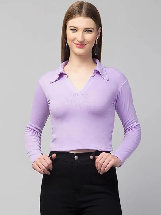Women’s Long Sleeve Slim Fit Polo T-Shirt, Collared Neck Ribbed Asymmetric Solid V-Neck Casual Top, Stylish | Trendy Tee for Women, Girls, and Ladies | Available in Multiple Colors image 4