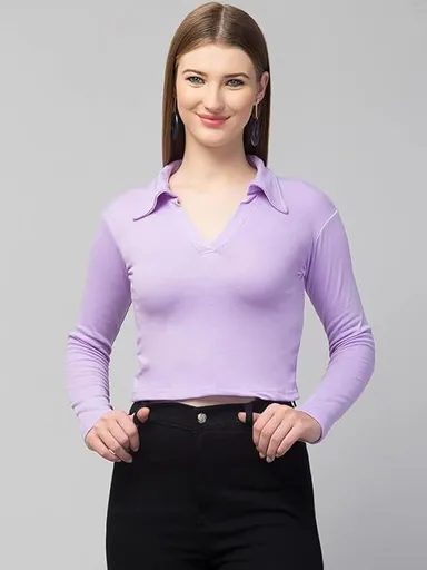 Women’s Long Sleeve Slim Fit Polo T-Shirt, Collared Neck Ribbed Asymmetric Solid V-Neck Casual Top, Stylish | Trendy Tee for Women, Girls, and Ladies |  Available in Multiple Colors thumbnail 3