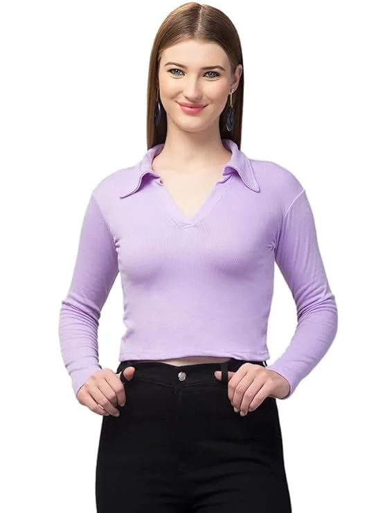 Women’s Long Sleeve Slim Fit Polo T-Shirt, Collared Neck Ribbed Asymmetric Solid V-Neck Casual Top, Stylish | Trendy Tee for Women, Girls, and Ladies | Available in Multiple Colors image 1