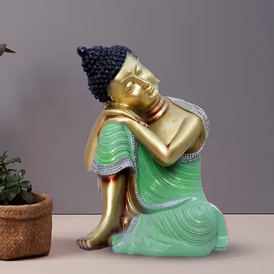 Calming Resting Buddha Statue | Resin Peaceful Home Decor Idol 16x16x23 cm for Meditation| Gifting| Living Room thumbnail 0