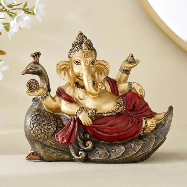 Ganesha Idol with Peacock Design | Polyresin Decorative Ganpati Figurine for Home, Temple & Gift | Handcrafted Multicolour Showpiece image 1