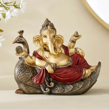Ganesha Idol with Peacock Design | Polyresin Decorative Ganpati Figurine for Home, Temple & Gift | Handcrafted Multicolour Showpiece thumbnail 0