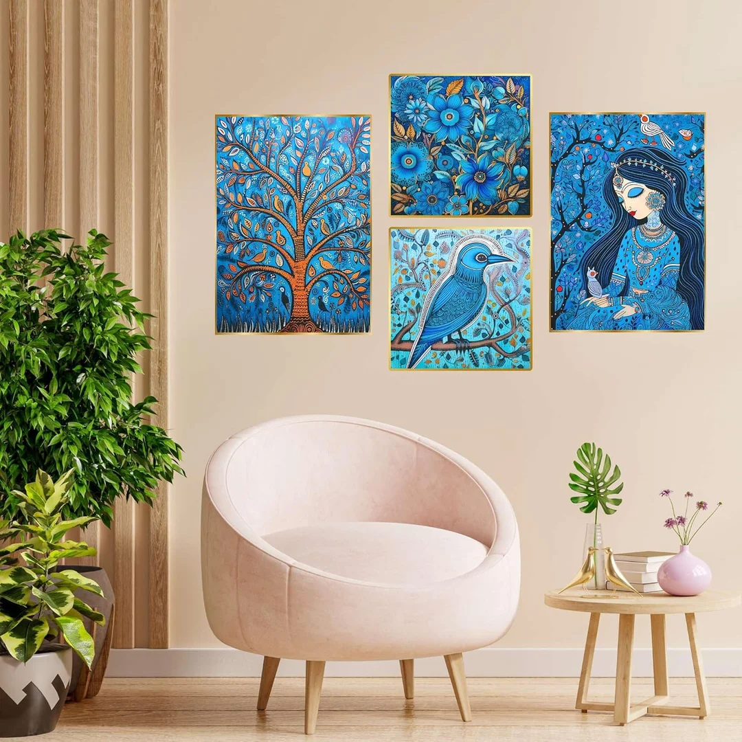 Rajasthan Craft Wall Paintings Set of Four| Golden Framed Jungle Wall Art for Living Room, Bedroom & Office Décor| 13x10 Inch image 1