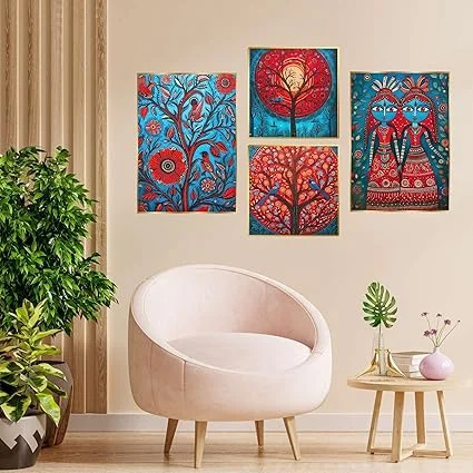 Golden Framed Wall Paintings Set of 4 | Decorative Art for Living Room Bedroom & Office | Modern Home Wall Décor (13x10 inch) image 1
