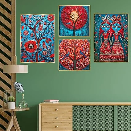Golden Framed Wall Paintings Set of 4 | Decorative Art for Living Room Bedroom & Office | Modern Home Wall Décor (13x10 inch) image 2