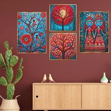 Golden Framed Wall Paintings Set of 4 | Decorative Art for Living Room Bedroom & Office | Modern Home Wall Décor (13x10 inch) thumbnail 3