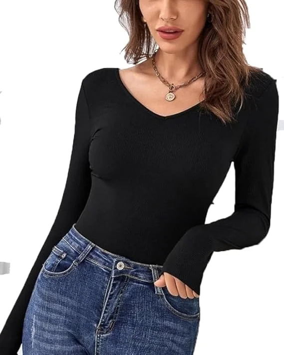 Women’s V‑Neck Long Sleeve Slim Fit Top | cotton blend casual western style | size M‑L image 1