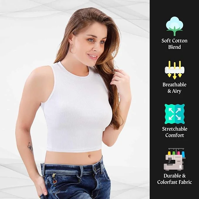 Women's Cotton Crop Tank Top | Sleeveless Slim Fit Ribbed Vest | Summer Casual Wear | White image 3