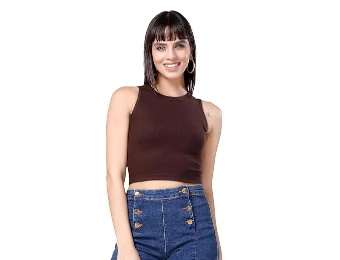 Women's Cotton Crop Tank Top | Sleeveless Slim Fit Ribbed Vest | Summer Casual Wear | Brown image 1