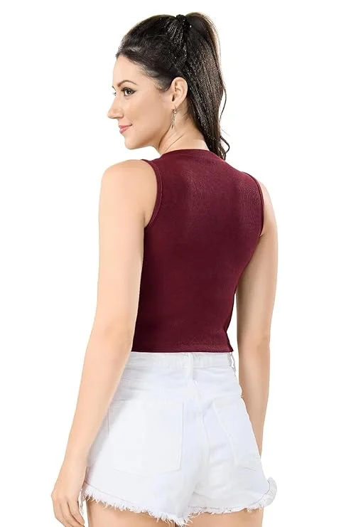 Women's Cotton Crop Tank Top | Sleeveless Slim Fit Ribbed Vest | Summer Casual Wear | maroon image 2