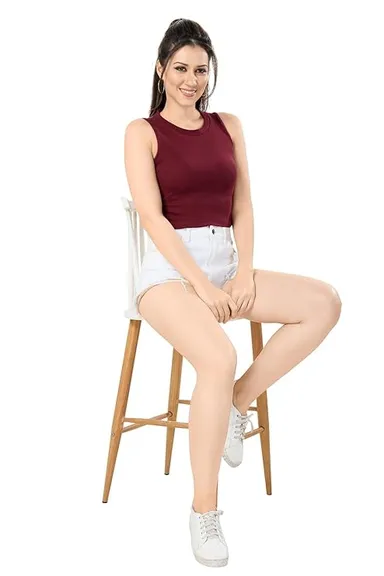  Women's Cotton Crop Tank Top | Sleeveless Slim Fit Ribbed Vest | Summer Casual Wear | maroon thumbnail 2